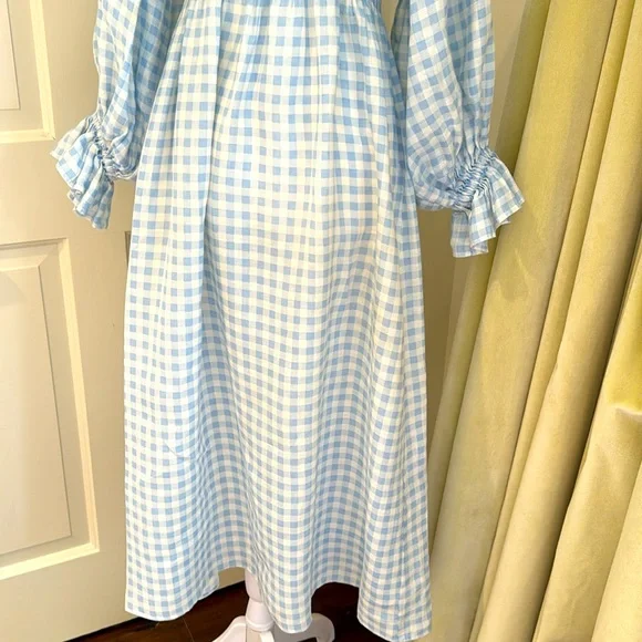 Sleeper- Atlanta Off-The-Shoulder Shirred Linen Midi Dress- Blue & White -Size:S - Picture 5 of 11
